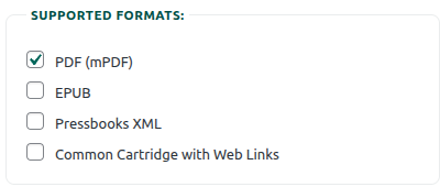 The export formats list on the Export screen: PDF ticked, with EPUB and other formats below it.