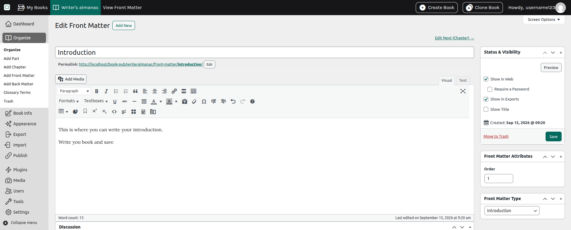 The chapter editor with a formatting toolbar, a draft in progress, and status and visibility controls in the sidebar.