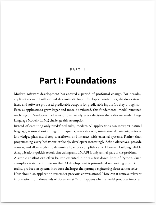An exported PDF page showing a part title and the opening paragraphs of a chapter, set in a serif interior design.